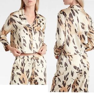 Express Satin Leopard Sleep Set Medium Cropped Animal Print Button